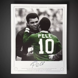 Pele New York Cosmos 1977 Hand Signed Photo Hugging Muhammad Ali